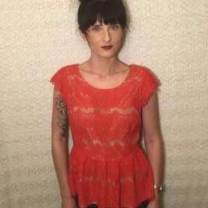 Anthropologie Maeve Red Lace Peplum Blouse